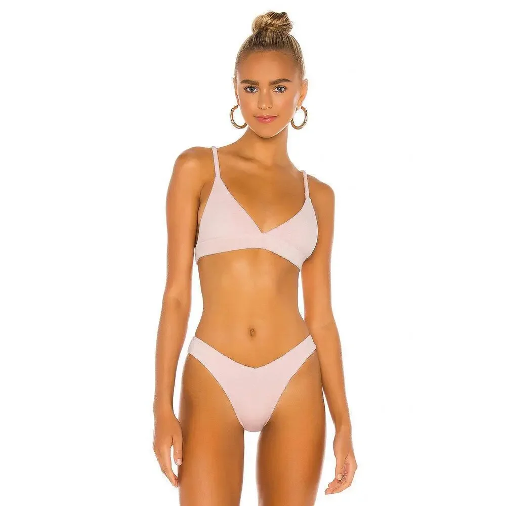 Frankie's Bikinis Claire Unpadded Triangle Terry Bikini Top Baby Pink Large